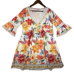 Cupshe Tropical Floral Crochet Lace V-Neck Bell Sleeve Mini Dress White Multi